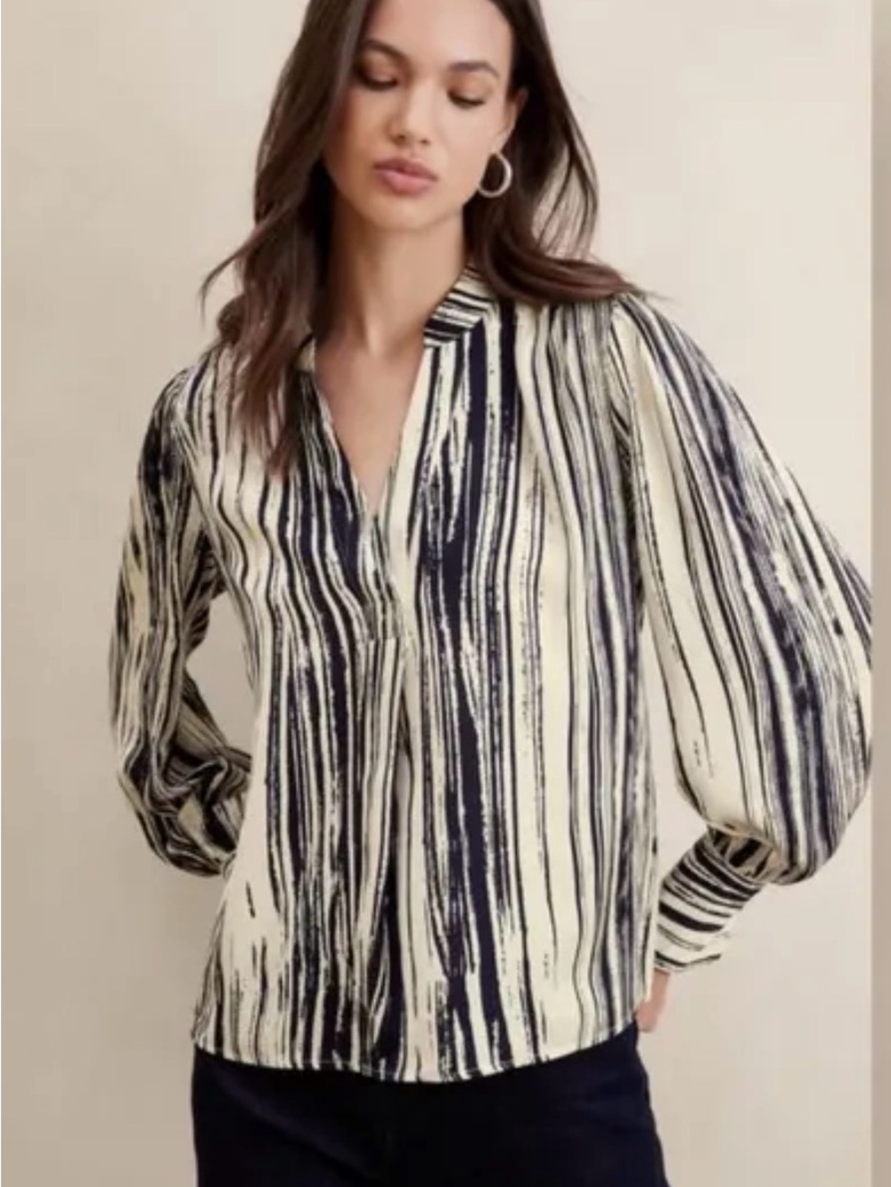 Banana Republic Navy and Cream Striped V‑Neck Blouse